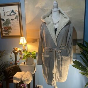 Born Plush Hooded Robe in Gray and Cream